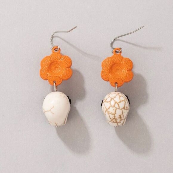 Gothcore Funky Flower Catrina Sugar Skull Dangle Earrings - Picture 3 of 7